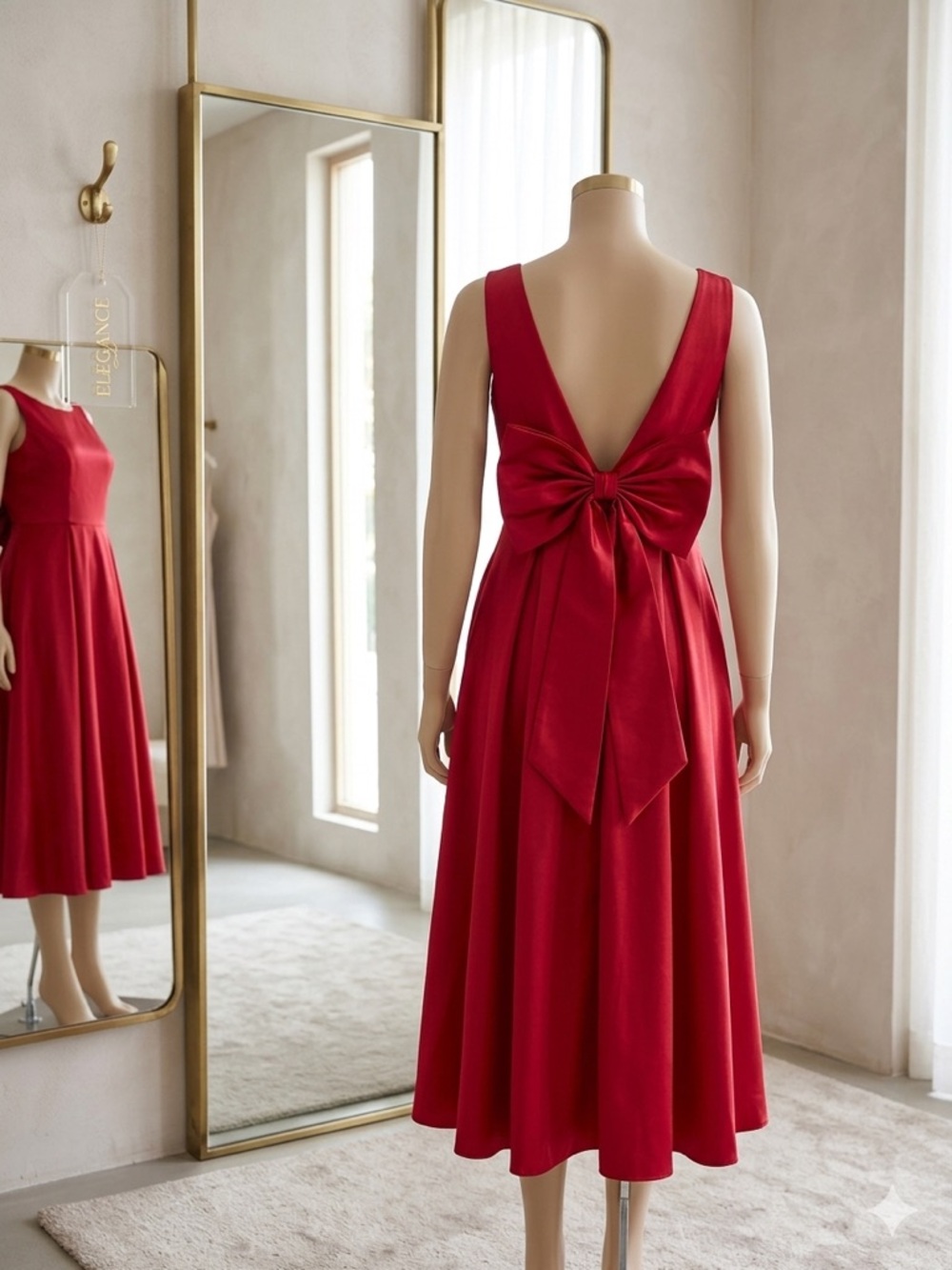 Red Sleeveless Midi Dress with Bow Back
